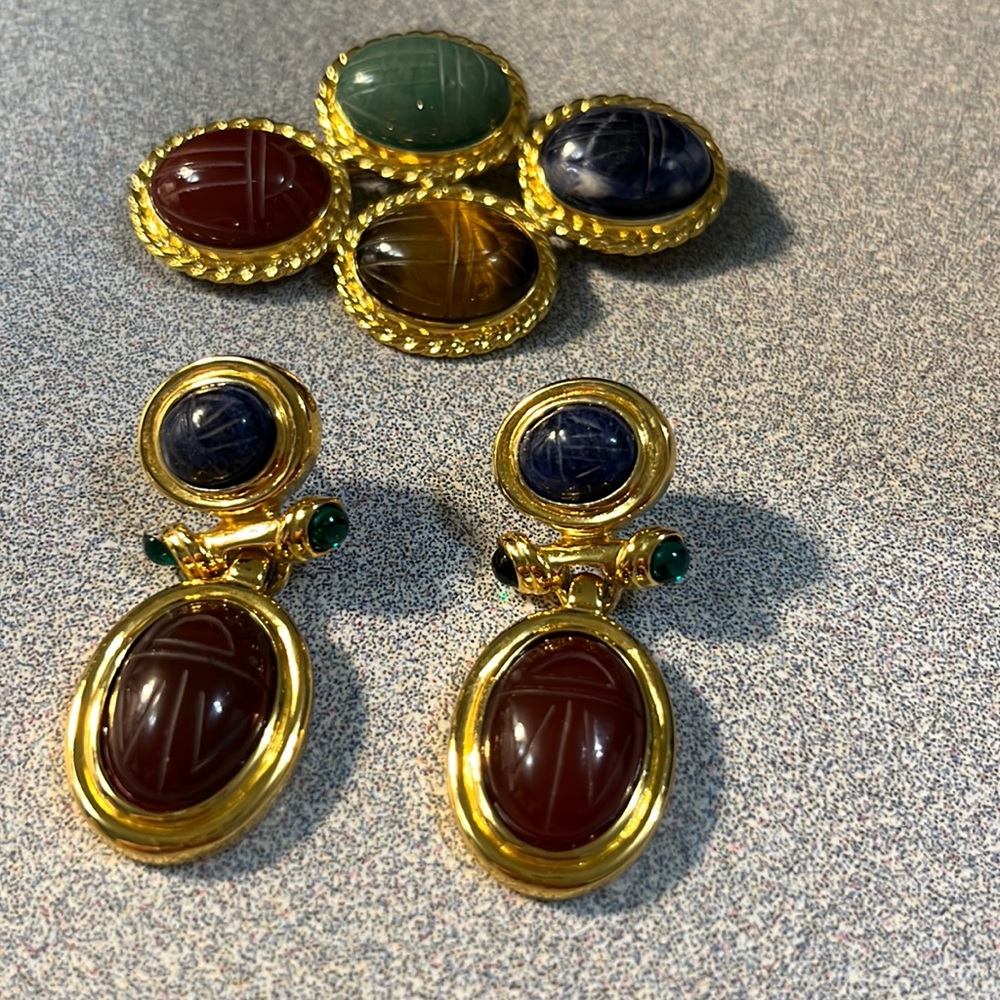 Vintage Givenchy Egyptian Revival Gemstone Scarab Earrings & Gemstone Brooch